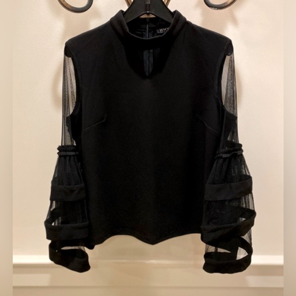 NWT *WHY DRESS* Black *DRESSY* Blouse … Sheer 2-Tier Trumpet Sleeves … Size: M